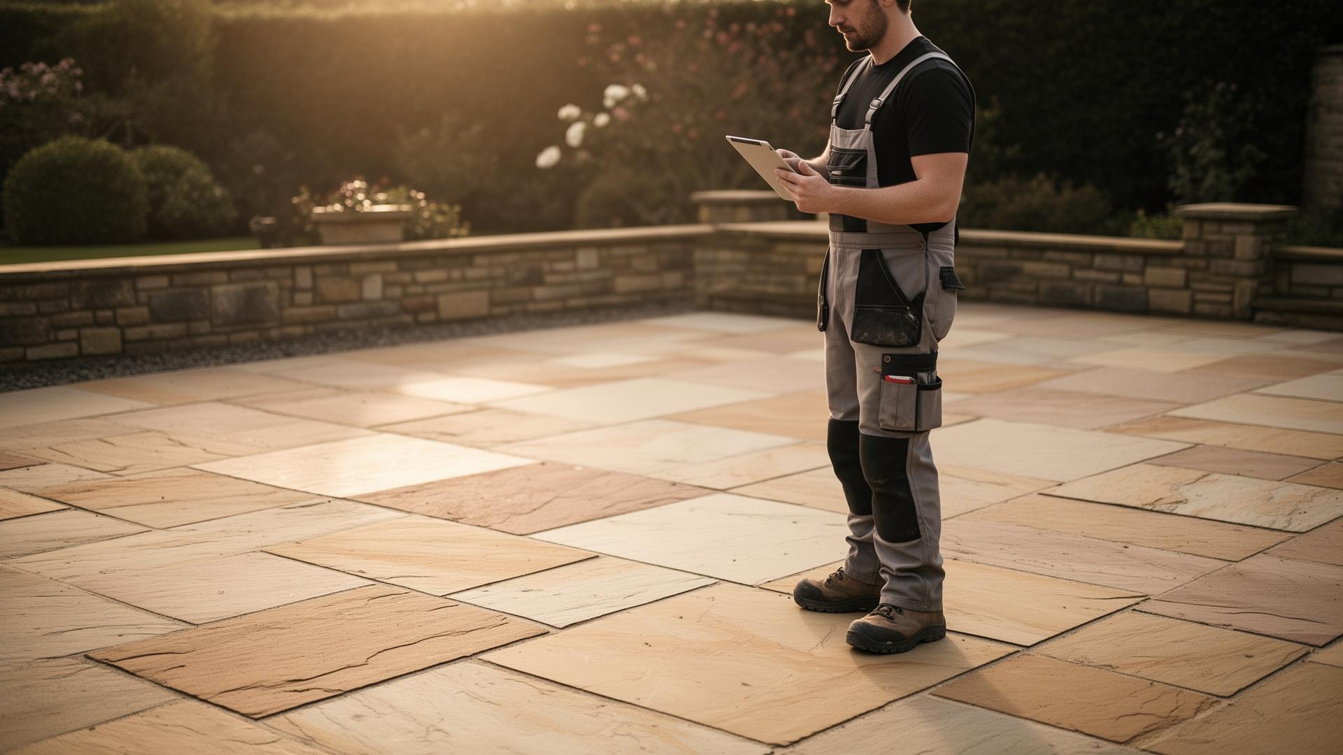 Landscaping contractor reviewing a job on a tablet on a freshly laid sandstone patio